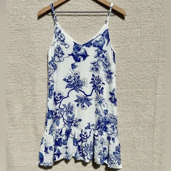 Lulus Garden Bloom White Floral Print Ruffled Shift Dress Blue Mini Small - Picture 2 of 9